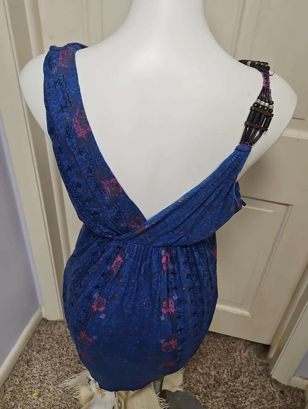 Free People  Blue Gathered Waist Tank with Metal Beads Accent